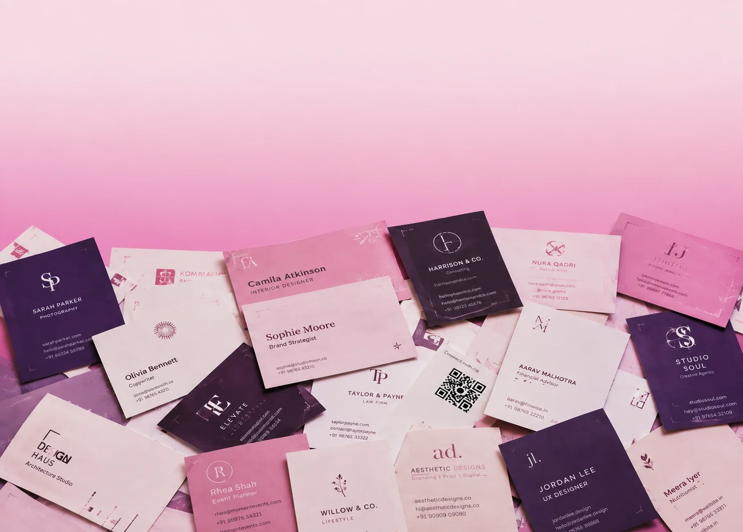 Scattered business cards with no context